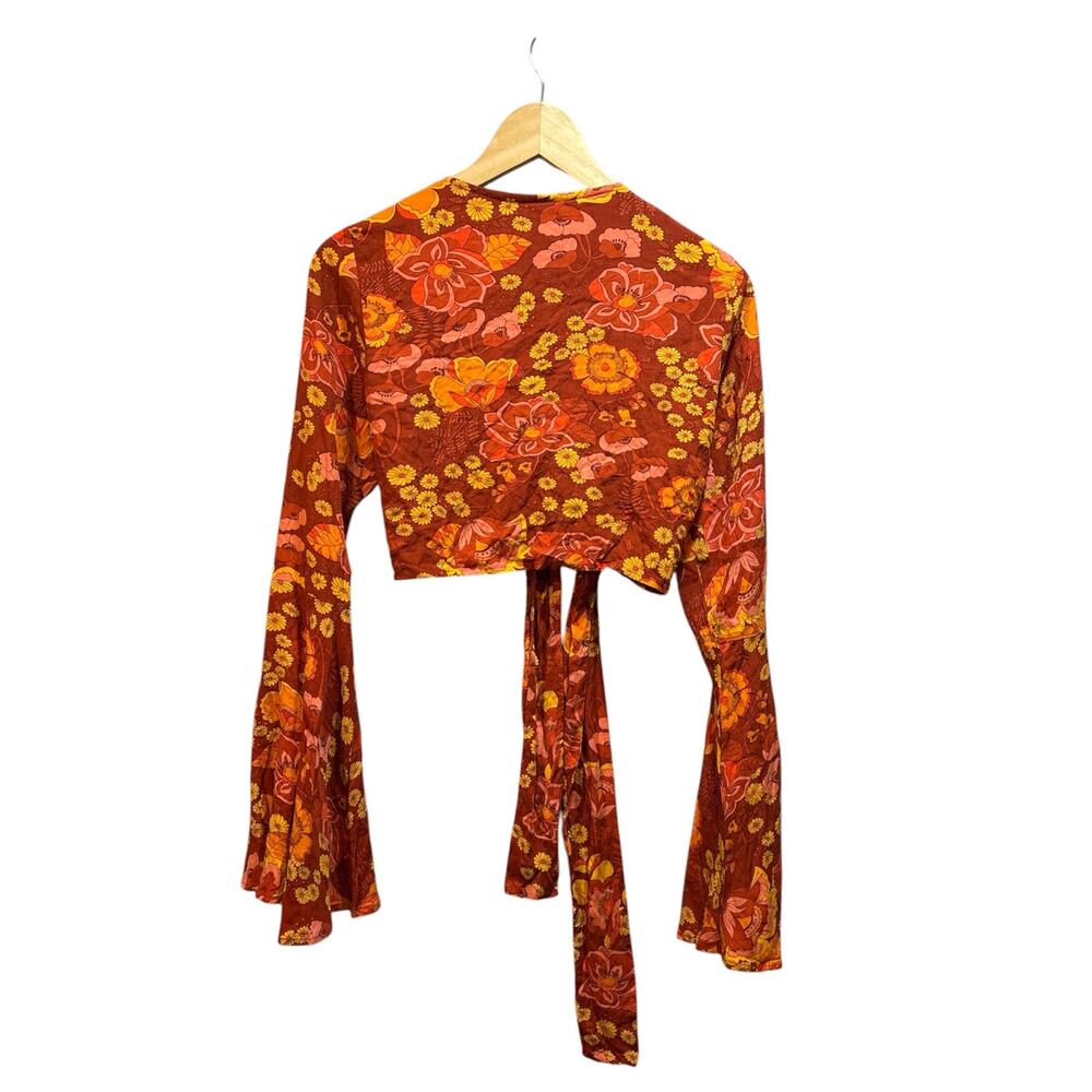 Cider retro boho floral tie front crop top with bell sleeves women’s M, 70’s - Picture 2 of 8